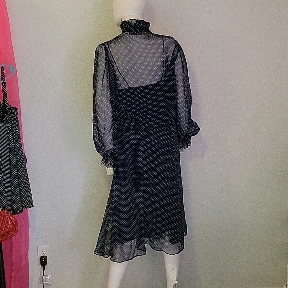 VTG AJ BARI Navy Pin Dot Chiffon Blouson Ruffle Bow Tie Castlecore Shirt Dress - Picture 8 of 10